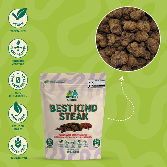 Bag of Brother Sprout Best Kind Steak with green background and close-up of product.